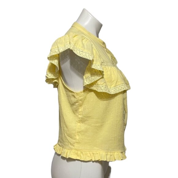Talula Aritzia Large Yellow Short Sleeve Button Down Ruffle Top - Picture 2 of 6